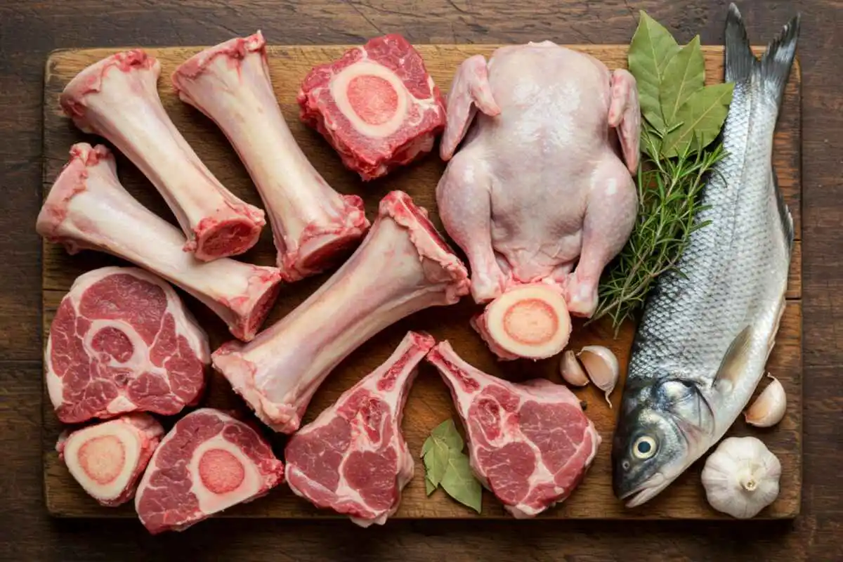 "A variety of raw soup bones, including beef marrow, chicken carcasses, lamb shanks, and fish heads, displayed on a wooden board with fresh herbs."