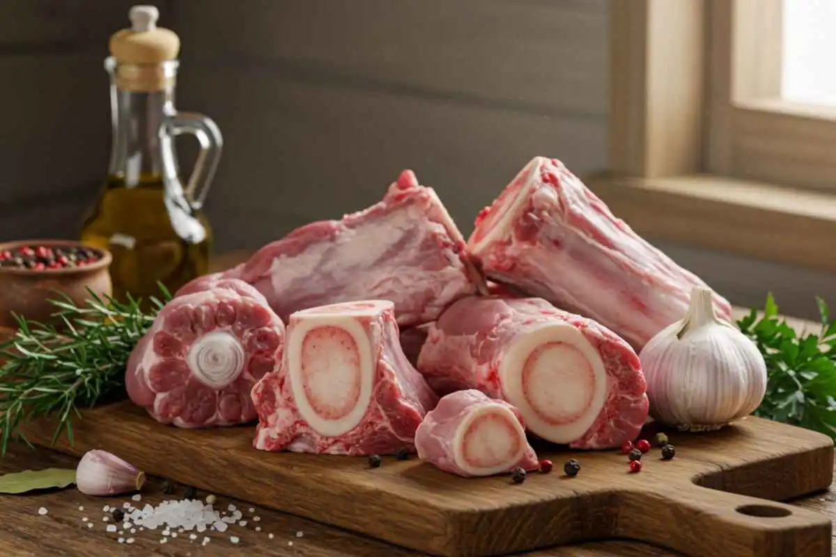 A variety of raw soup bones, including marrow and knuckle bones, arranged on a wooden board with fresh herbs and spices