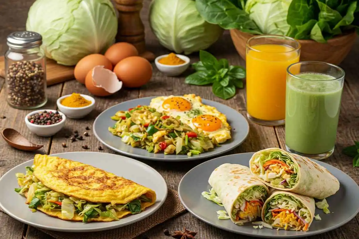 A colorful breakfast spread featuring cabbage omelet, cabbage wraps, stir-fried cabbage with eggs, and a refreshing cabbage smoothie on a rustic wooden table