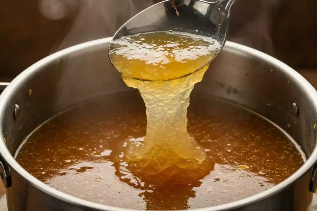 "A steaming pot of homemade bone broth with collagen-rich gelatin being lifted by a spoon, showcasing its thick and nourishing texture."