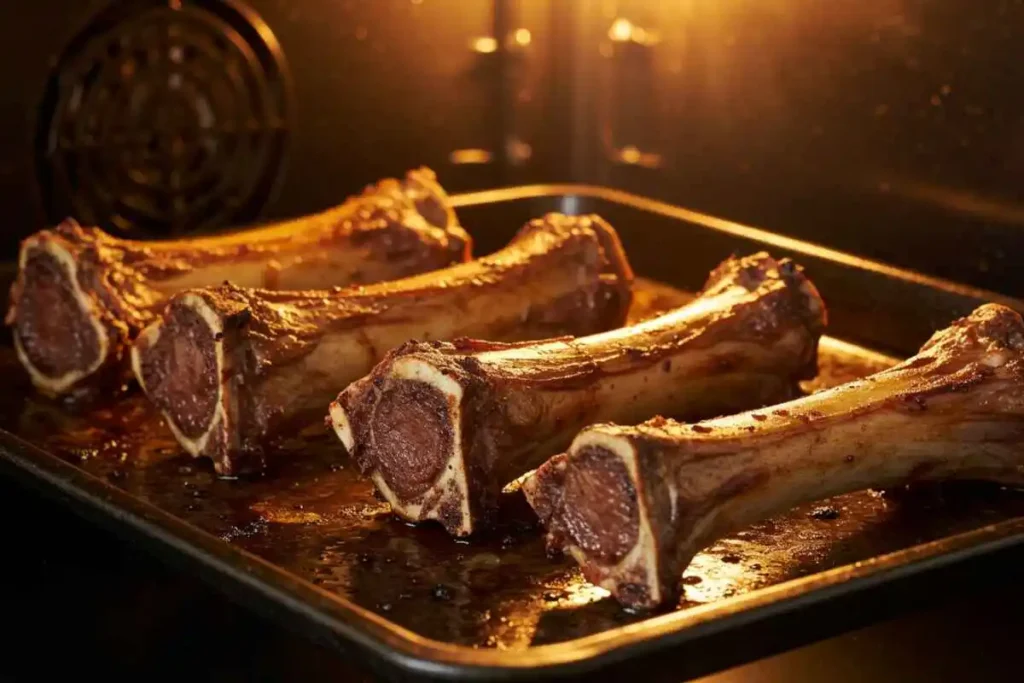  "Beef and lamb bones roasting in an oven, developing a deep golden-brown color and rich flavor for soup-making."