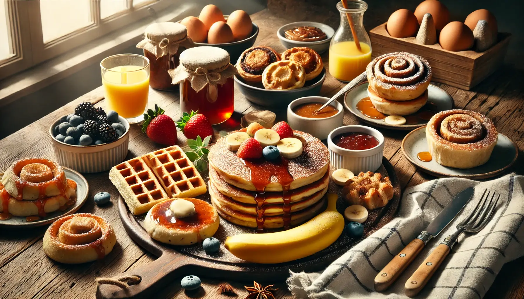 A beautifully arranged breakfast spread featuring pancakes with syrup and fruit, waffles, cinnamon rolls, fresh berries, and orange juice on a rustic wooden table