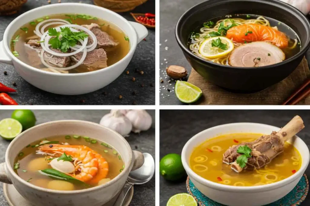  "Four steaming bowls of traditional bone broth: Vietnamese pho, Japanese ramen, French bouillabaisse, and Moroccan harira, each with distinct garnishes."