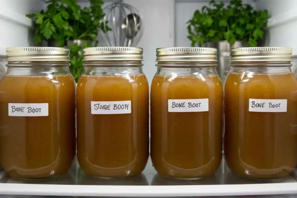 "Glass jars filled with homemade bone broth, labeled with storage dates, neatly arranged in a refrigerator for freshness and long-term storage."