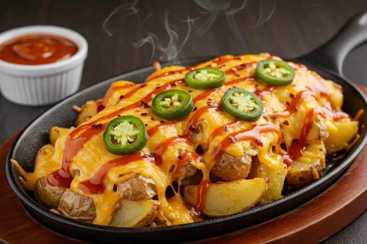 A sizzling skillet of Spicy Cheesy Fiesta Potatoes topped with melted cheese, jalapeños, and a drizzle of hot sauce, giving a bold and fiery flavor twist.