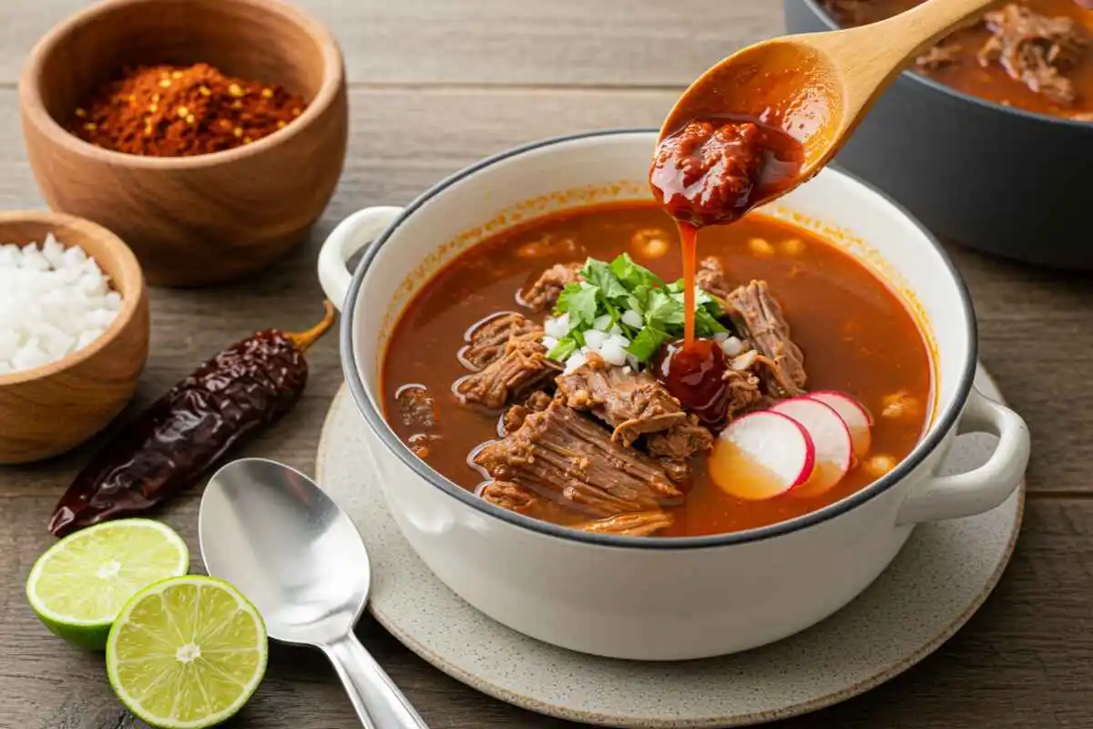 A bowl of Pozole Rojo with rich red broth, hominy, and garnishes of radishes, lime, and cabbage."