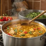 A large pot of Chopt Spicy Chicken Soup Recipe with Rice, simmering on the stove with chunks of chicken, red peppers, and fresh cilantro, stirred with a wooden spoon.