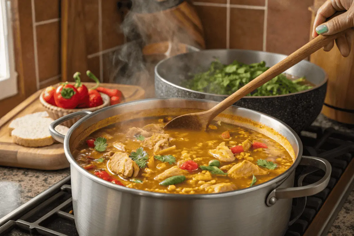 A large pot of Chopt Spicy Chicken Soup Recipe with Rice, simmering on the stove with chunks of chicken, red peppers, and fresh cilantro, stirred with a wooden spoon.