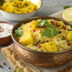 Indian paneer pulao in a copper bowl with rice, paneer cubes, whole spices, and coriander, served with yogurt raita and lemon