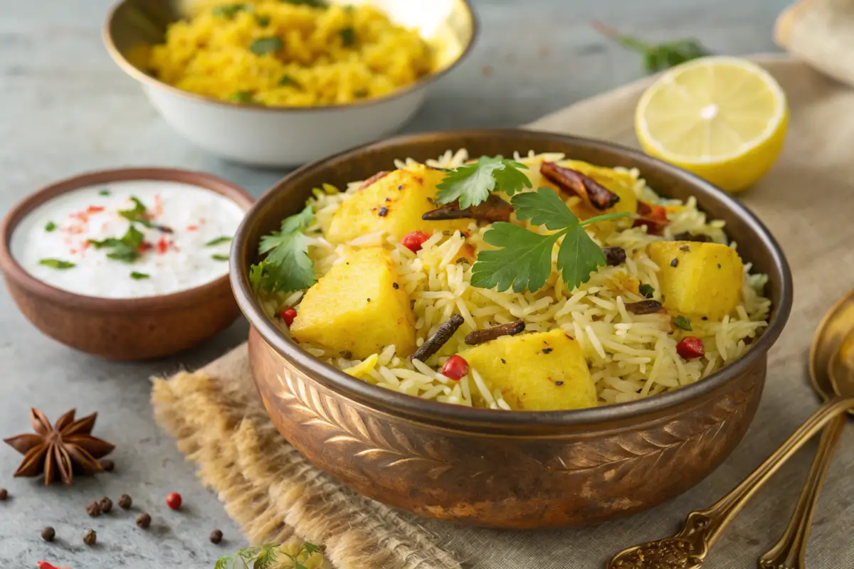 Indian paneer pulao in a copper bowl with rice, paneer cubes, whole spices, and coriander, served with yogurt raita and lemon
