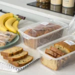 Freshly baked banana bread slices in containers, alongside bananas, cookies, and baking ingredients on a kitchen counter.