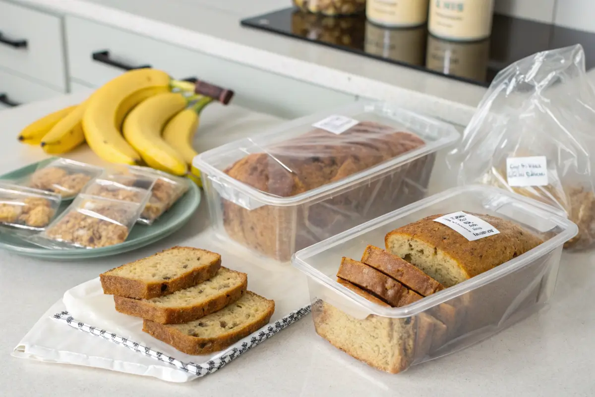 Freshly baked banana bread slices in containers, alongside bananas, cookies, and baking ingredients on a kitchen counter.