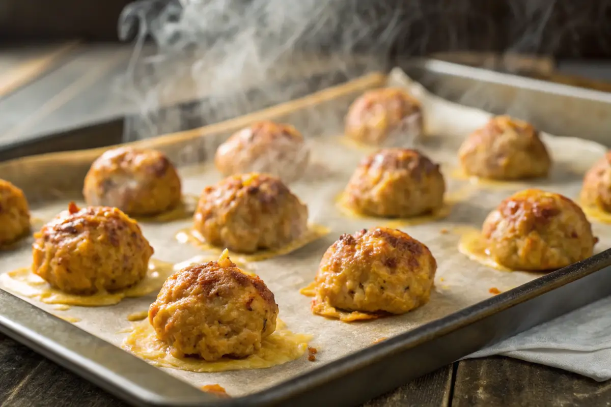 Freshly baked hot sausage and cheese balls steaming on a parchment-lined baking tray