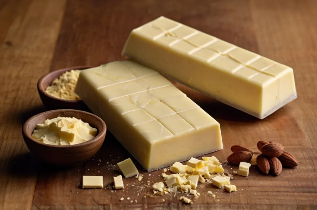Two bars of white chocolate on a wooden surface, surrounded by small bowls containing cocoa butter and powdered milk, with almonds placed nearby