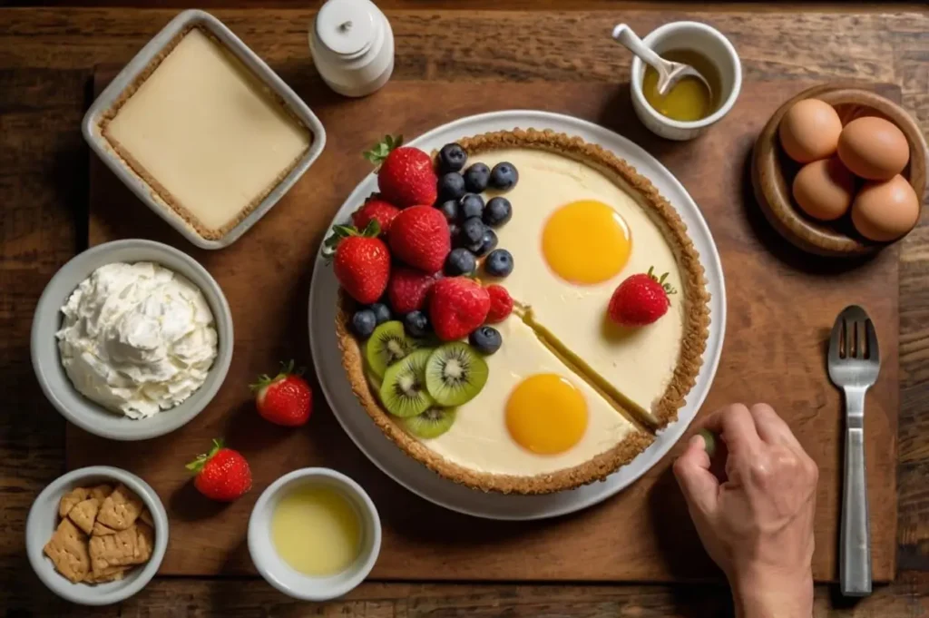"Cheesecake ingredients and a finished cheesecake topped with fresh fruit, surrounded by eggs, whipped cream, graham crackers, and honey on a wooden table."
