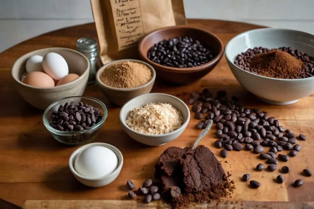 : A collection of black bean brownie ingredients including black beans, eggs, cocoa powder, chocolate chips, shredded coconut, and more, arranged on a wooden countertop.