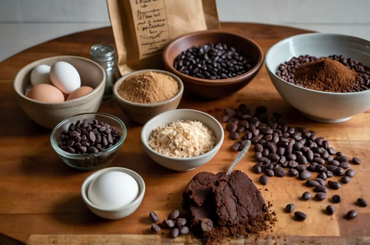 : A collection of black bean brownie ingredients including black beans, eggs, cocoa powder, chocolate chips, shredded coconut, and more, arranged on a wooden countertop.