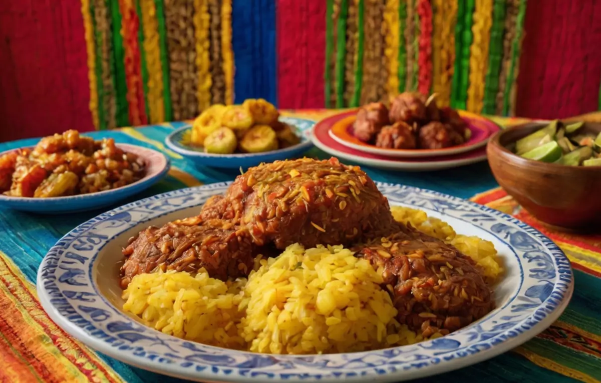 A vibrant plate of yellow rice and tender meat covered in a flavorful red sauce