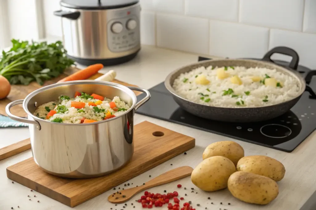 Vegetable rice with carrots and herbs cooking in a stainless steel pot, potatoes and rice in the background on a modern kitchen countertop