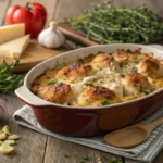 Baked chicken casserole in a red dish, topped with melted cheese, herbs, and garlic, surrounded by fresh ingredients like tomatoes, cheese, and garlic on a rustic wooden table.