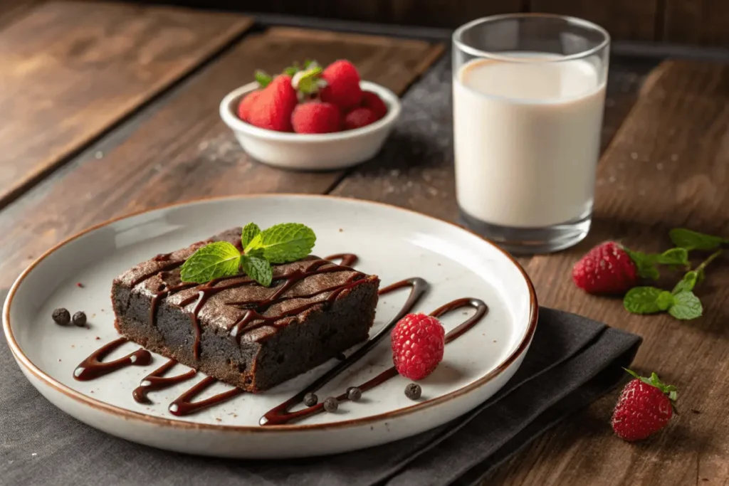 A slice of black bean brownie garnished with a mint leaf, drizzled with chocolate sauce, and served with fresh raspberries and a glass of milk on a rustic wooden table.