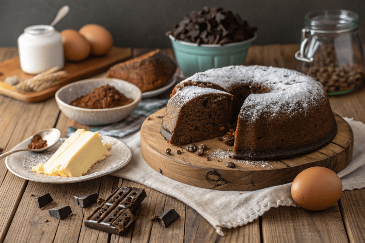 A beautifully baked chocolate pound cake on a wooden platter, lightly dusted with powdered sugar, surrounded by ingredients like butter, eggs, cocoa powder, and chocolate chunks on a rustic wooden table.