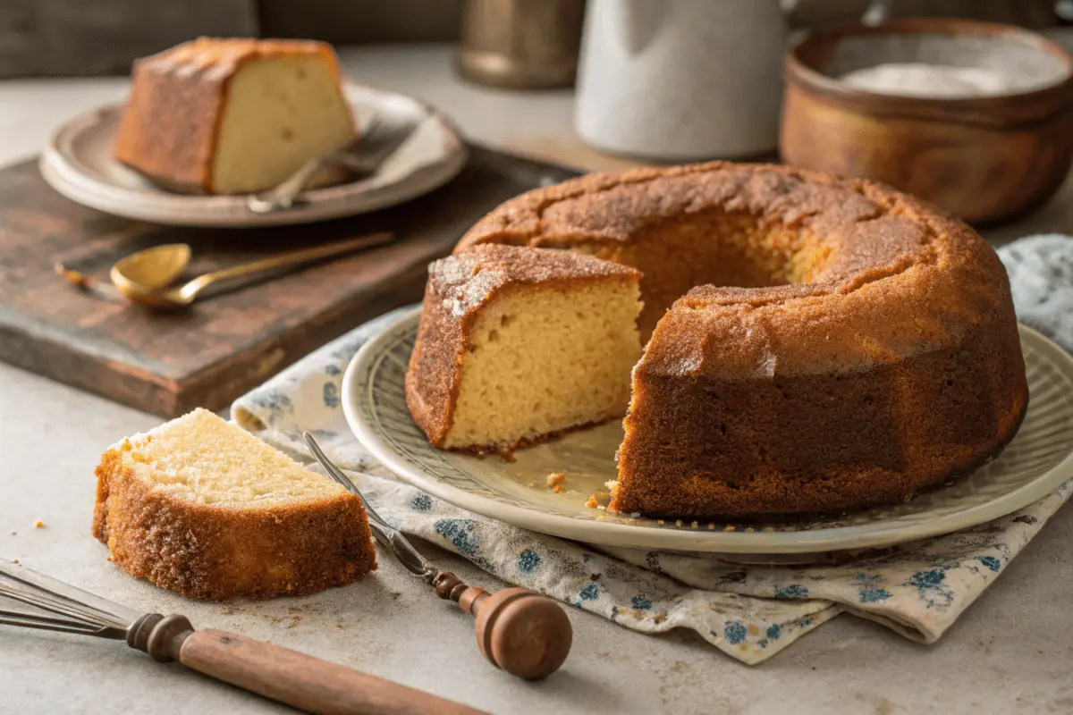 A classic golden-brown pound cake with a rich, moist texture, served on a vintage ceramic plate.