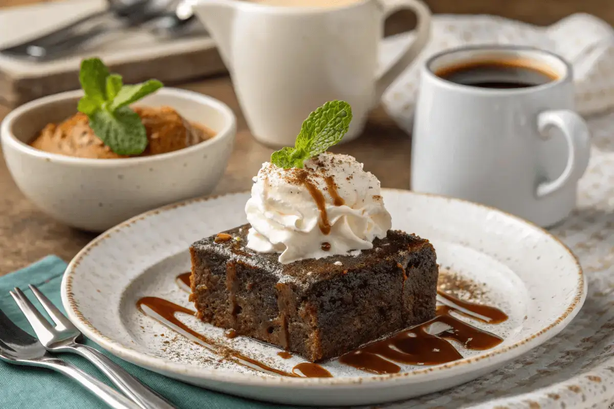  A slice of sticky toffee pudding with brownie, topped with whipped cream, a drizzle of toffee sauce, and a mint leaf, served alongside coffee.