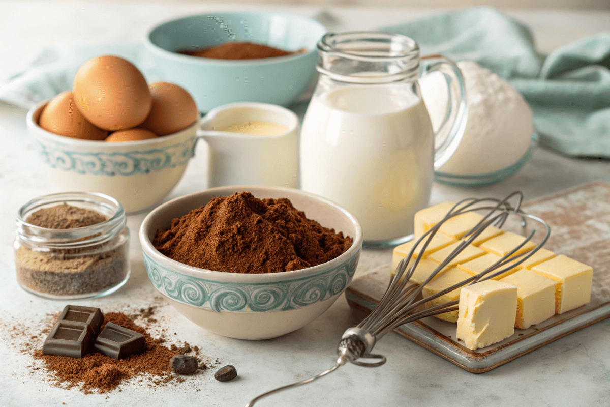  A collection of essential baking ingredients for a chocolate pound cake, including eggs, cocoa powder, butter, milk, and flour, arranged on a marble countertop.