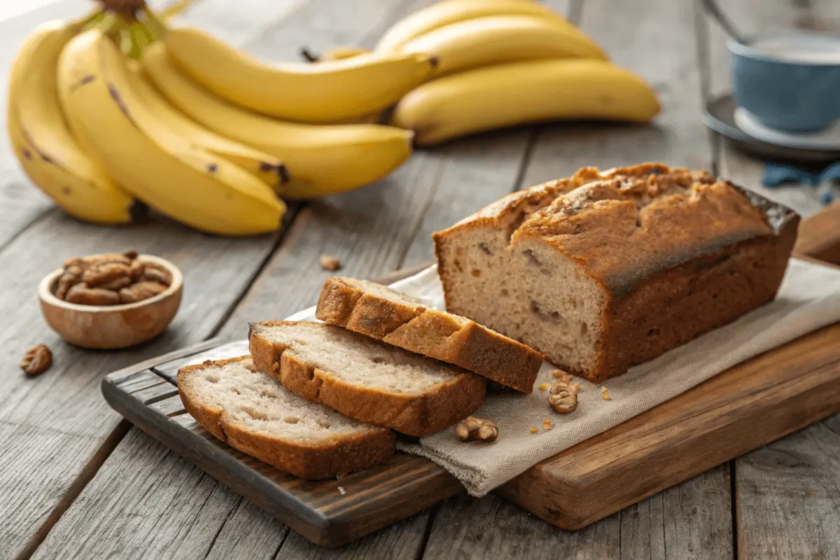 "Freshly baked banana bread slices on a wooden board with ripe bananas and a bowl of walnuts in the background."