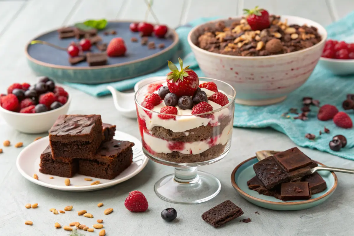 A layered dessert parfait with fresh berries, surrounded by brownies, chocolate pieces, and bowls of fruit on a light table.