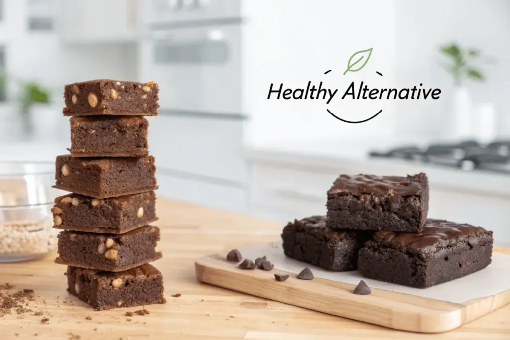 A stack of traditional brownies with nuts next to a plate of black bean brownies labeled as "Healthy Alternative," displayed on a wooden kitchen counter.