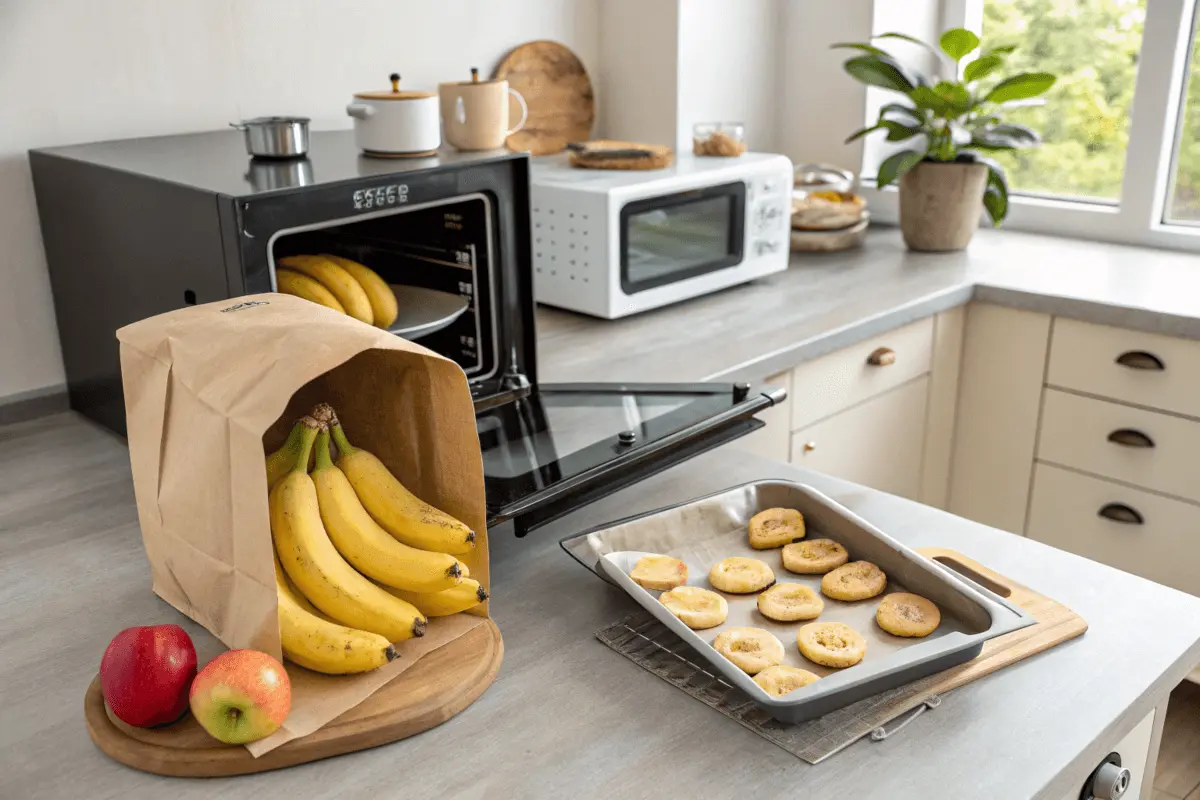 "Bananas ripening in a paper bag with apples next to a tray of banana slices in an oven, illustrating different methods to ripen bananas quickly."