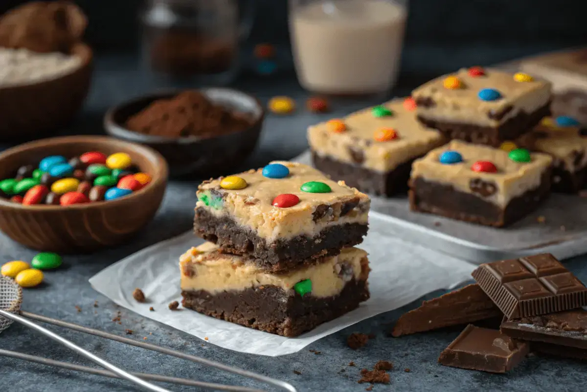 A stack of cookie dough brownies with colorful M&M toppings, surrounded by bowls of M&Ms, cocoa powder, and chocolate bars on a rustic kitchen counter.