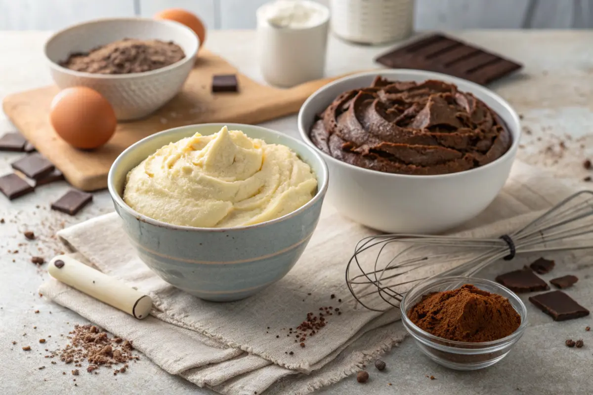 Two bowls of vanilla and chocolate cake batter surrounded by baking ingredients like cocoa powder, eggs, and chocolate chunks on a rustic kitchen surface.