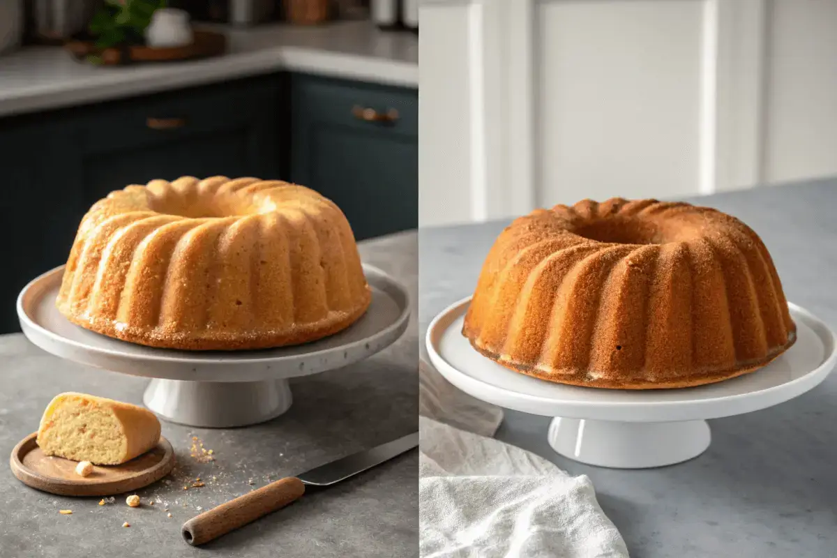  Two beautifully baked cream cheese pound cakes displayed side by side on white cake stands, one with a slice cut to showcase the dense, moist interior, set in a modern kitchen.