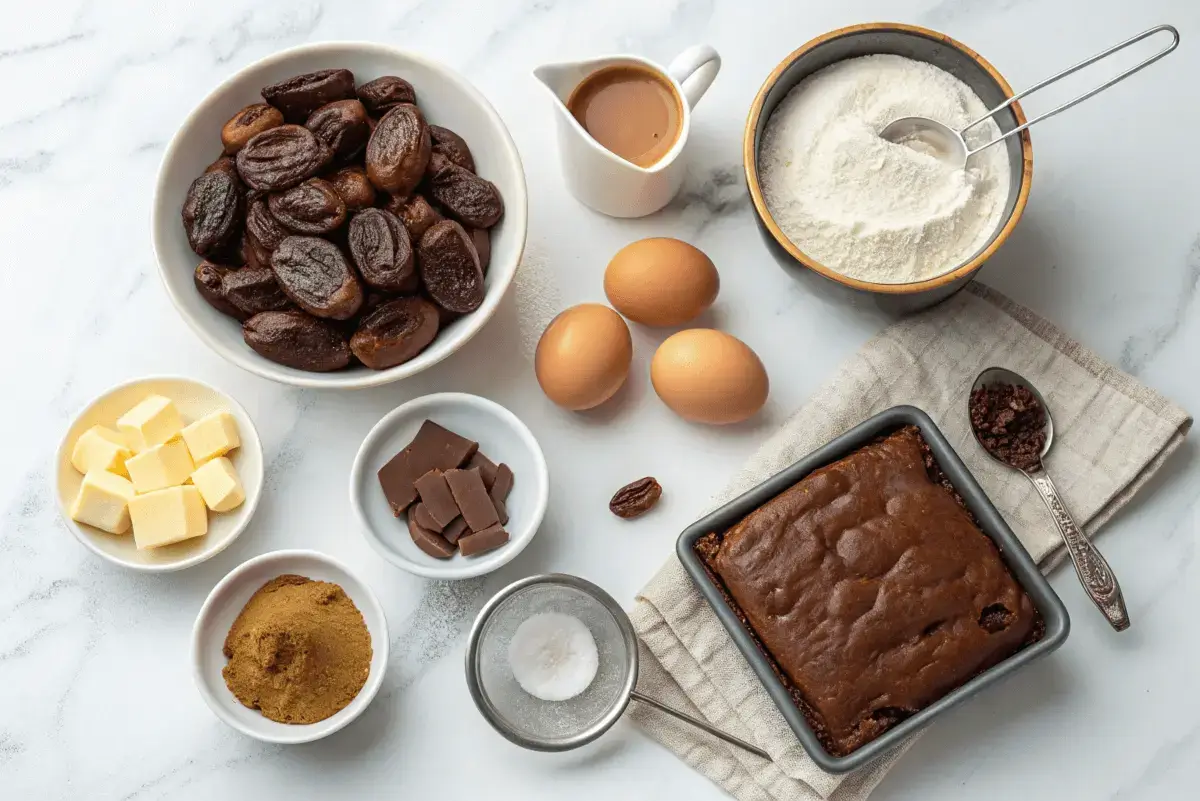  Ingredients for sticky toffee pudding with brownie laid out on a marble countertop, including dates, butter, chocolate, flour, eggs, sugar, and a prepared brownie.