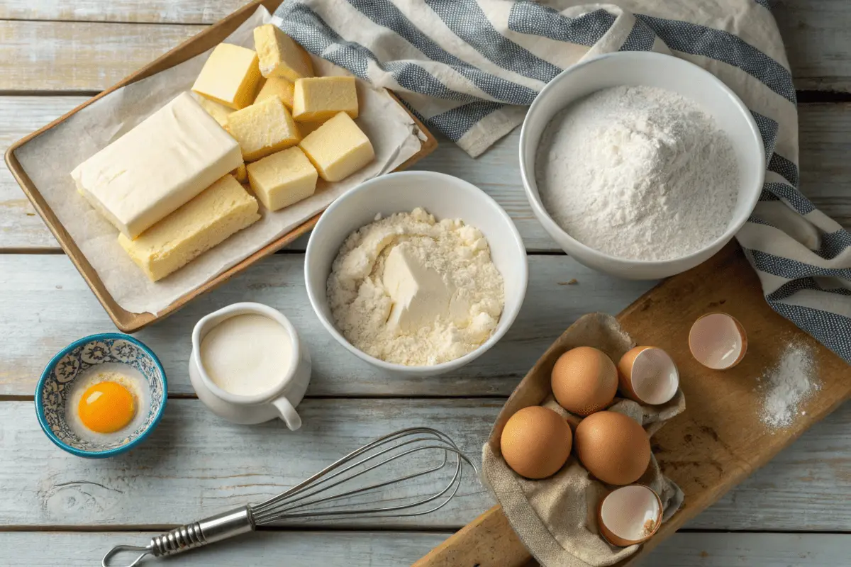 Ingredients for making a classic pound cake, including butter, sugar, eggs, flour, and cream, arranged on a rustic wooden table.