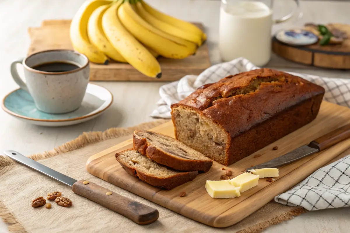 A freshly baked loaf of banana bread with sliced pieces, butter, and a cup of coffee, accompanied by bananas and milk on a wooden table.