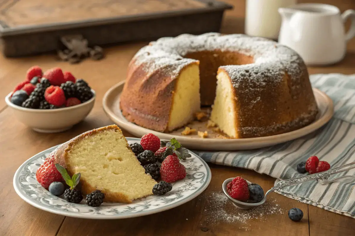 A perfectly baked cream cheese pound cake with a golden crust, dusted with powdered sugar, accompanied by fresh berries on a decorative plate, set on a wooden table.