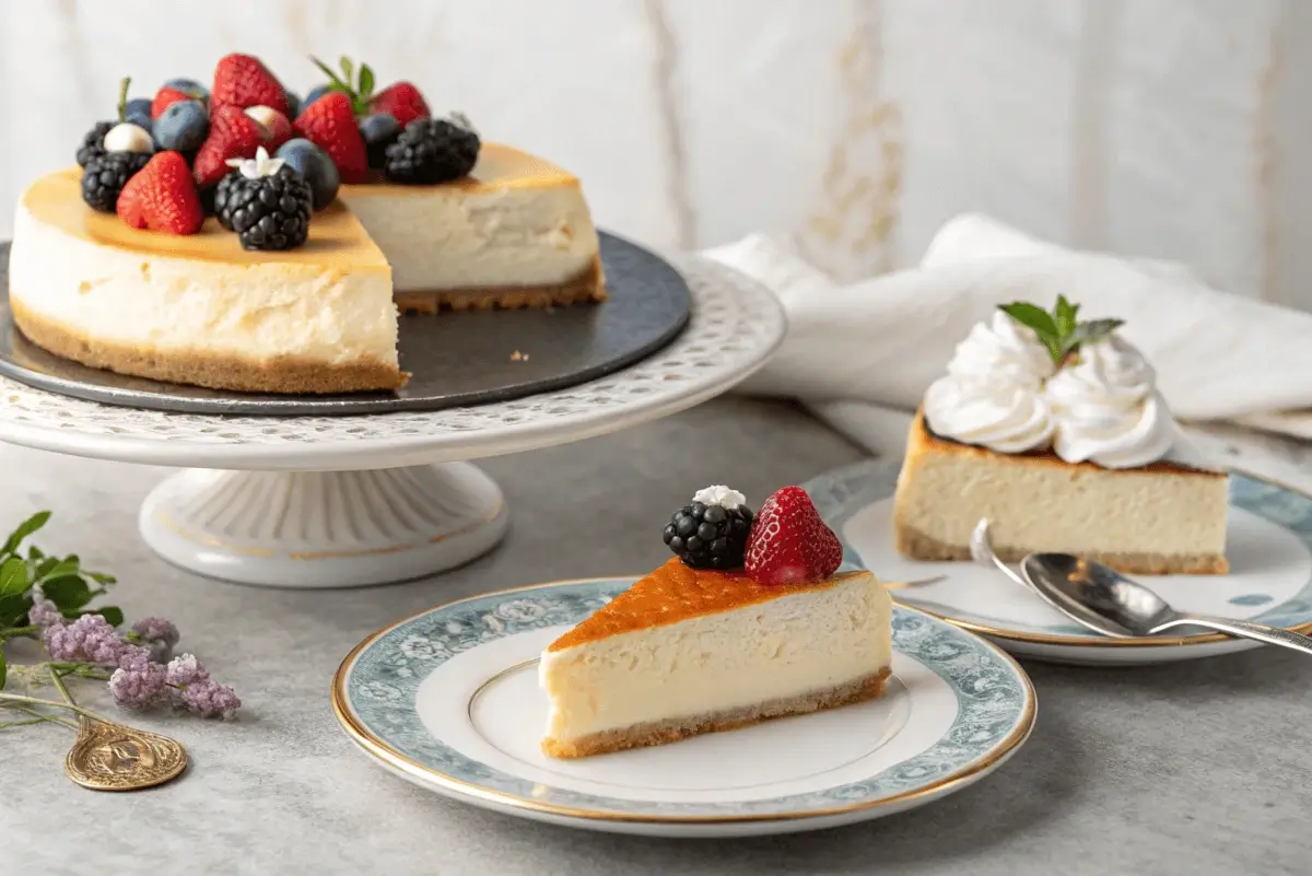 "Sliced cheesecake topped with fresh berries, displayed elegantly on a cake stand and decorative plates, ready to serve."