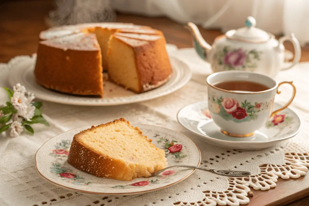  A slice of pound cake on a floral porcelain plate, served alongside a cup of tea on a lace-covered table.