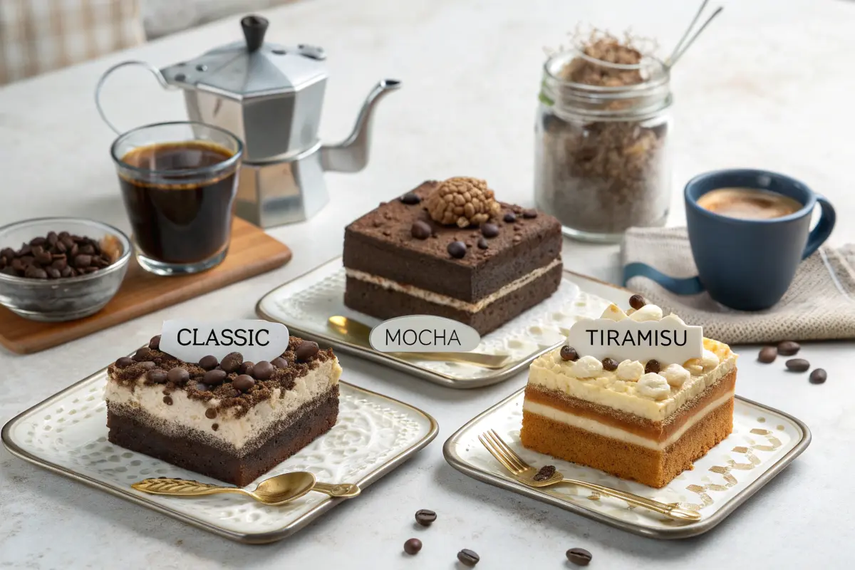 Three varieties of cake slices labeled Classic, Mocha, and Tiramisu, displayed on decorative plates with coffee beans and beverages in the background.