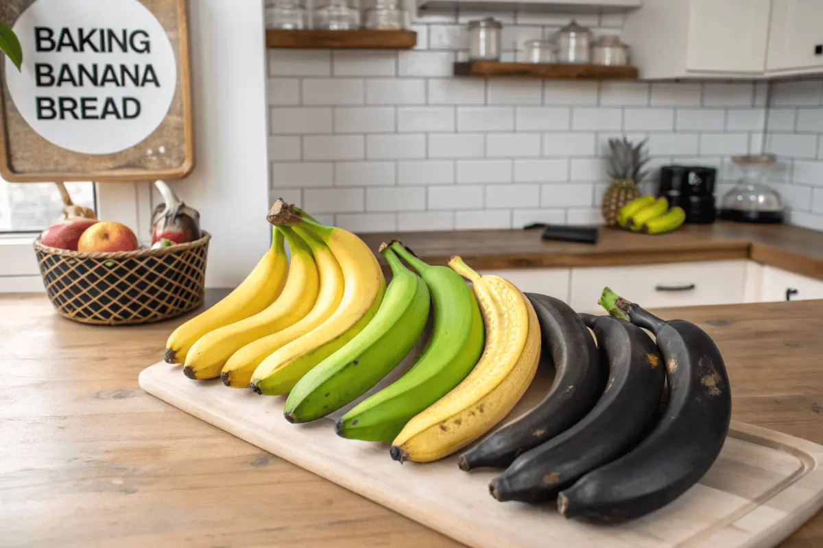 "Bananas at different stages of ripeness, from green to fully black, displayed on a wooden cutting board in a modern kitchen."