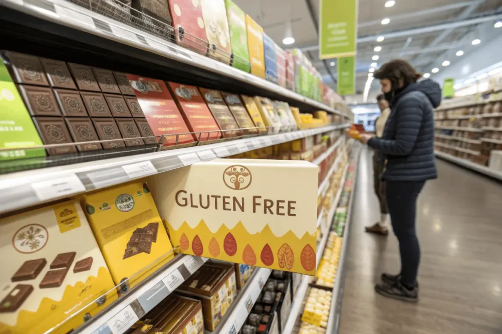 "Gluten-free chocolate products displayed on a grocery store shelf with clear labeling, featuring a shopper examining items in the background."