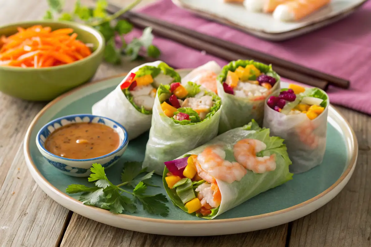 Colorful Vietnamese spring rolls filled with shrimp, vegetables, and herbs, served with a peanut dipping sauce on a green plate