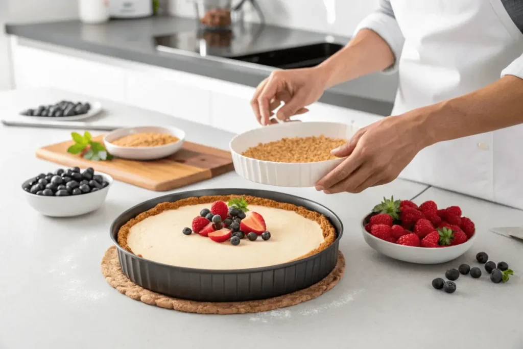 "A person preparing a cheesecake with a graham cracker crust, surrounded by fresh berries and ingredients on a modern kitchen countertop."