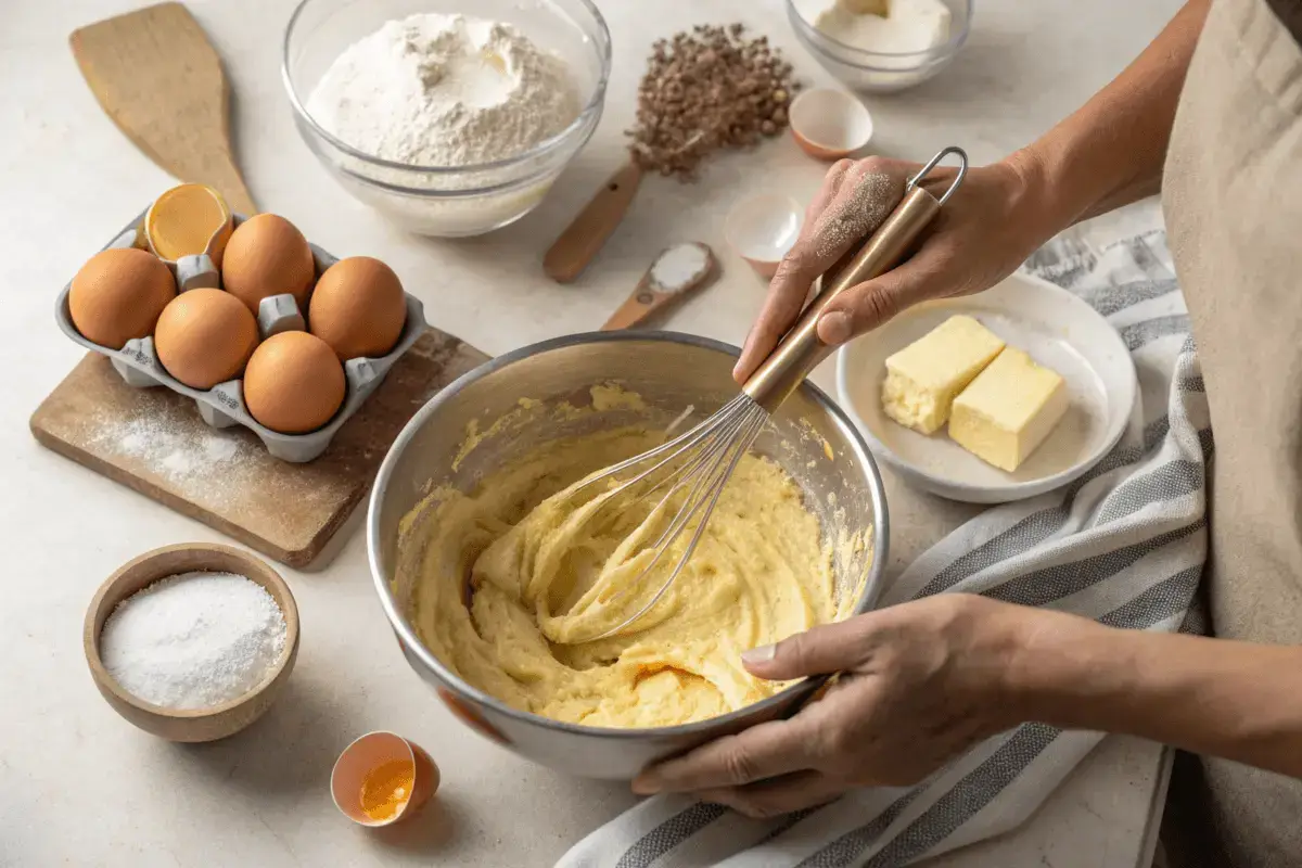  A baker's hands whisking cream cheese pound cake batter in a mixing bowl, surrounded by baking ingredients like eggs, flour, butter, and sugar on a clean kitchen counter.