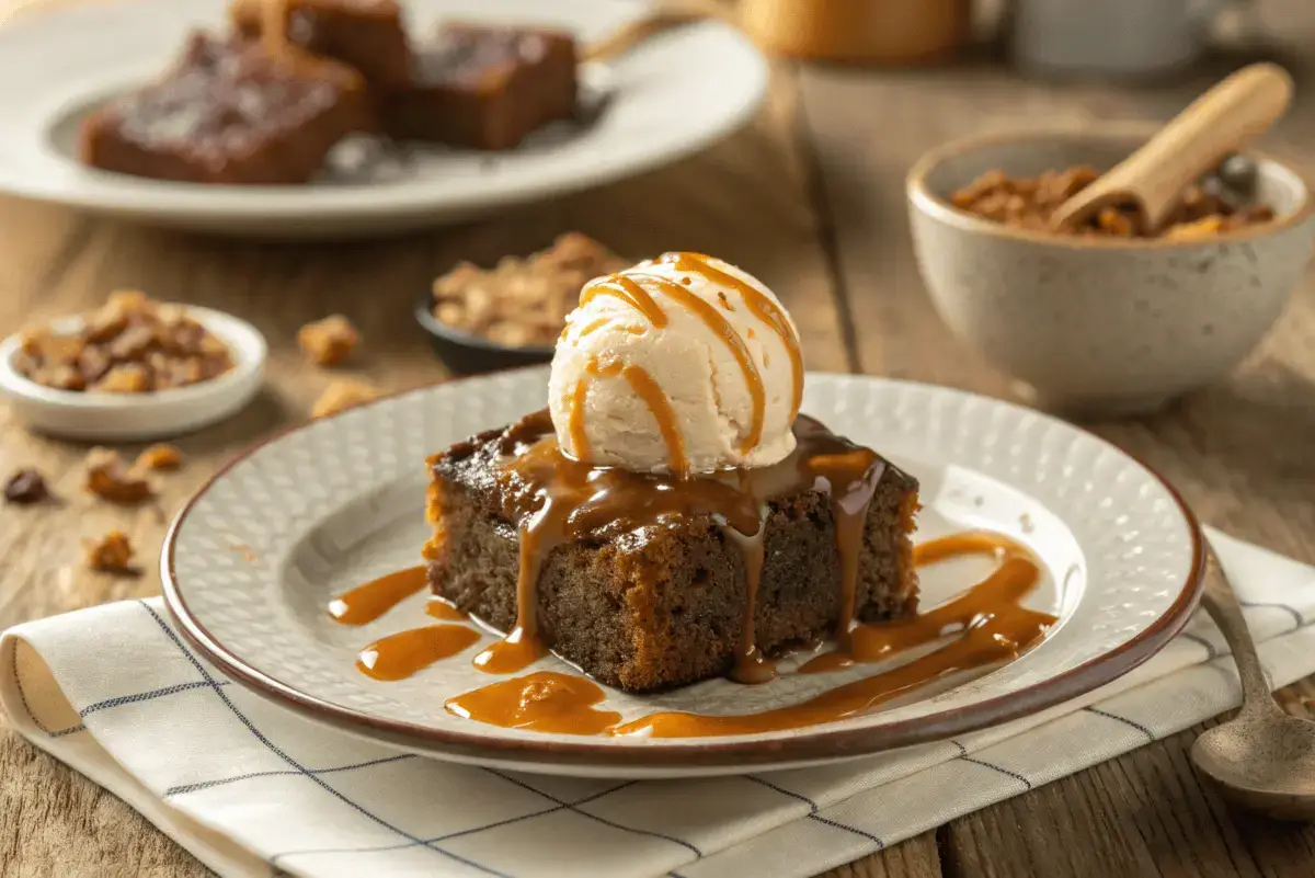 A slice of sticky toffee pudding topped with vanilla ice cream and drizzled with toffee sauce, served on a white plate.