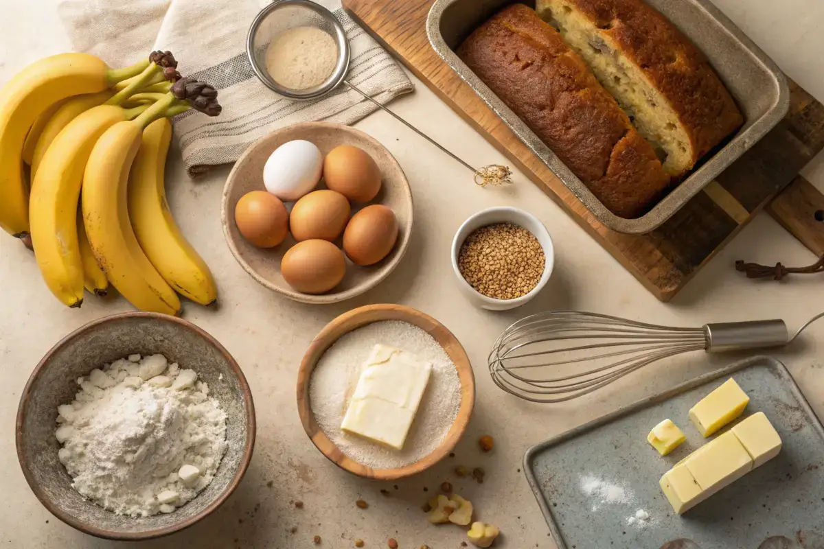 Ingredients for banana bread, including bananas, eggs, flour, butter, sugar, and sesame seeds, arranged on a countertop with a baked loaf in a pan.